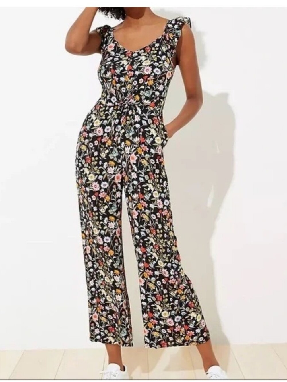 Loft Lily Floral Wide-Leg Ruffle Tie Front Jumpsuit Pants - Black Multi S 6